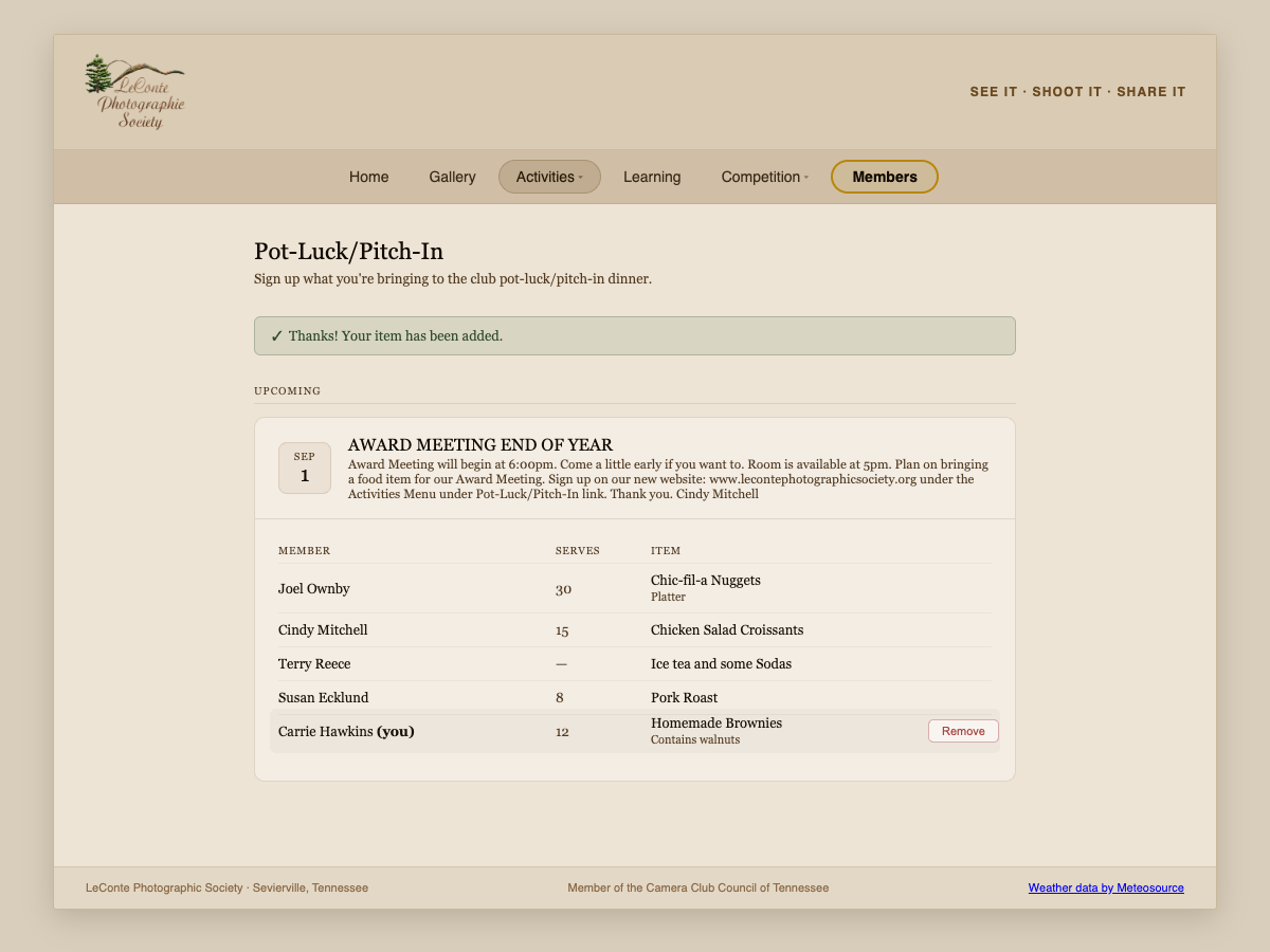The page after signing up, showing a green confirmation banner and the member's own row marked (you) with a Remove button