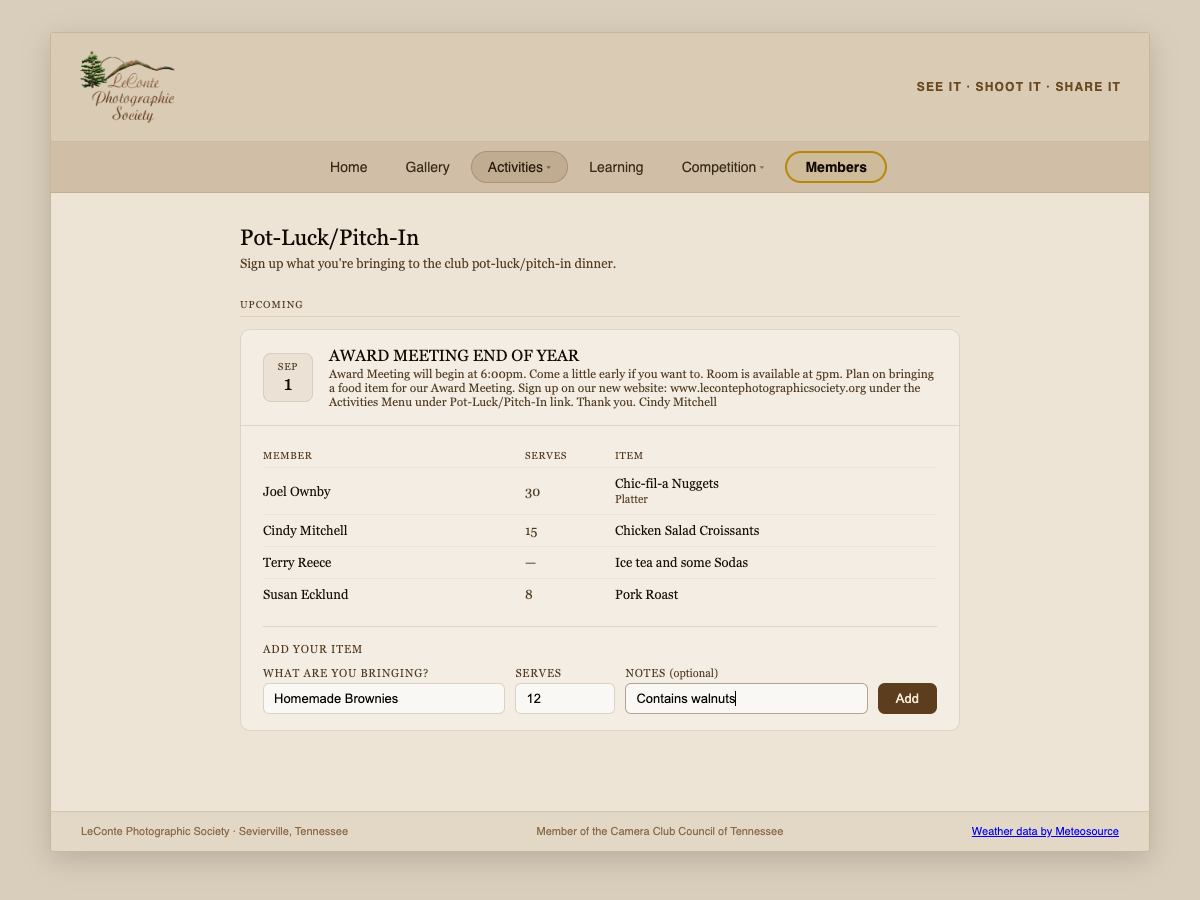 The Add your item form filled out with Homemade Brownies, serves 12, notes Contains walnuts