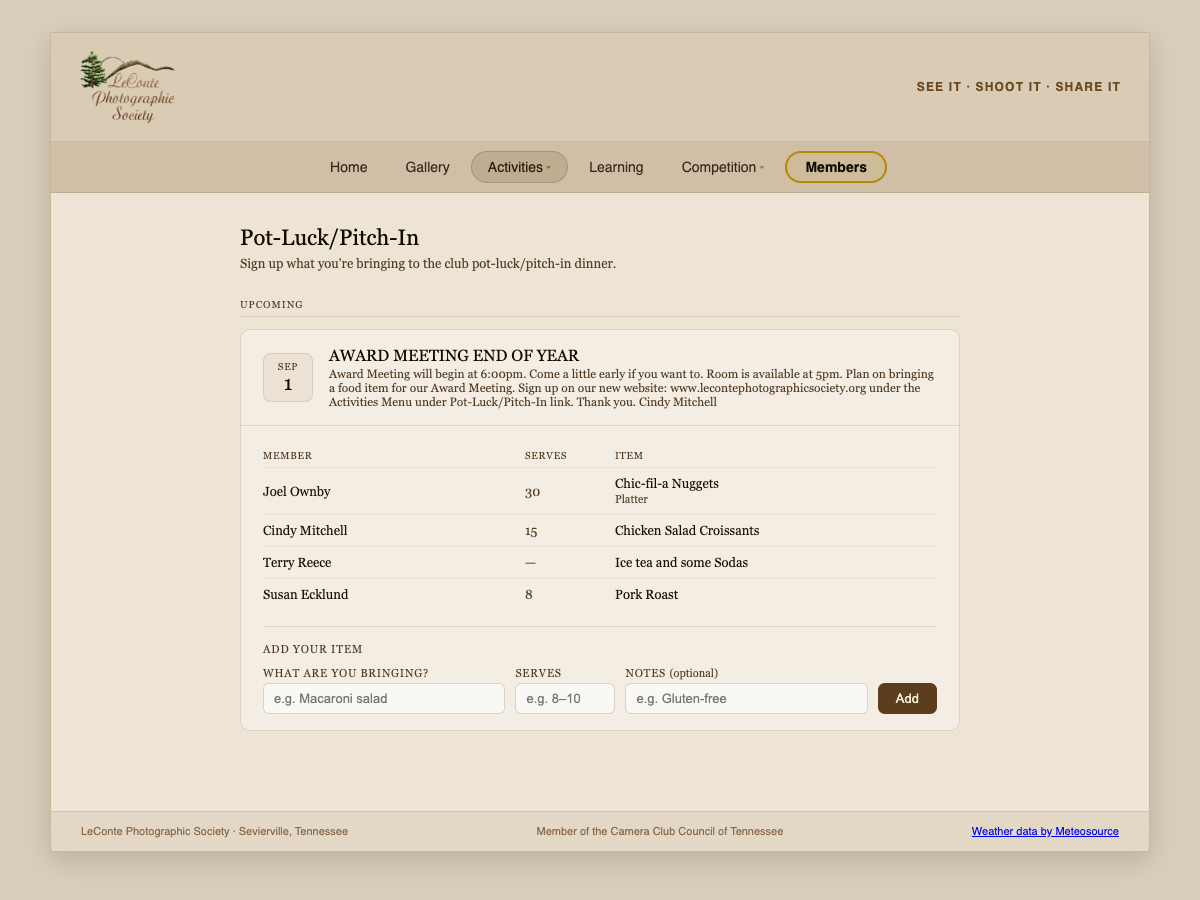 The Pot-Luck/Pitch-In page when signed in, showing the upcoming meeting, the list of items, and the Add your item form