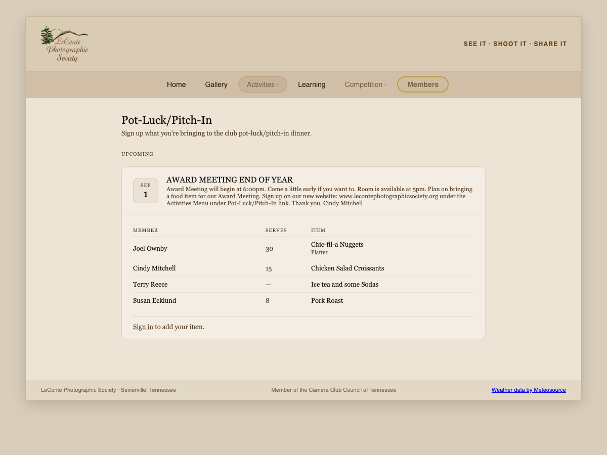 The Pot-Luck/Pitch-In page when not signed in, with a Sign in link at the bottom of the item list