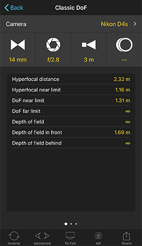Classic Depth of Field calculator showing hyperfocal distance, DoF near limit, and DoF far limit for a 14mm lens at f/2.8