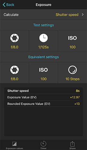 Exposure calculator showing test settings of f/8, 1/125s, ISO 100 and equivalent settings with a 10-stop ND filter resulting in an 8 second shutter speed