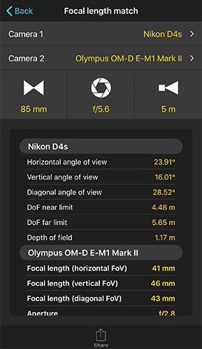 Focal length match calculator comparing a Nikon D4s at 85mm f/5.6 against an Olympus OM-D E-M1 Mark II, showing the equivalent 41mm focal length needed to match field of view and depth of field