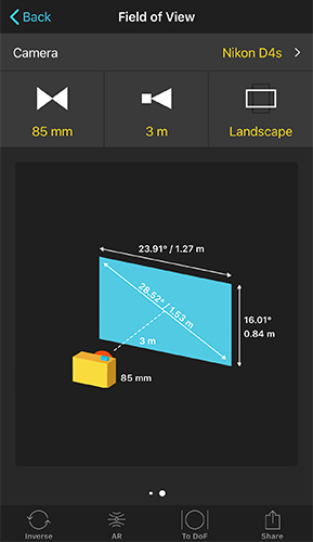 Field of View calculator showing a 3D illustration of a camera's frame projected onto a subject 3 meters away, with horizontal and vertical field of view measurements