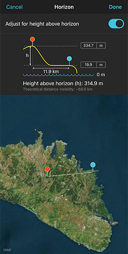 Horizon tool showing height above horizon calculation between a red pin on a mountain and a blue horizon pin, with a diagram of the sightline