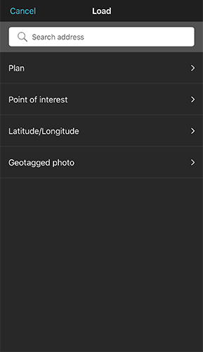 Load menu with options for Search address, Plan, Point of interest, Latitude/Longitude, and Geotagged photo