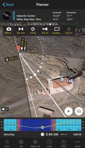Planner map with the Depth of Field tool active over a lighthouse, showing near limit, far limit, and hyperfocal distance arcs