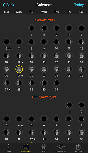 Moon pill Calendar screen showing a two-month grid of moon phase thumbnails for every day