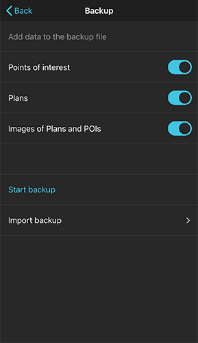 Backup screen with toggles for Points of interest, Plans, and Images of Plans and POIs, and buttons for Start backup and Import backup