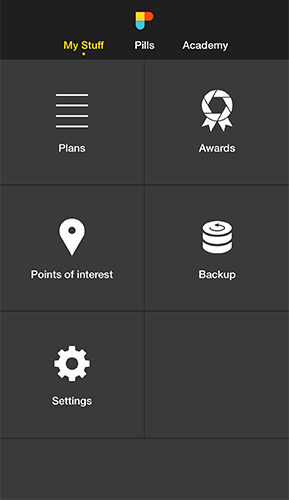 My Stuff menu grid showing Plans, Awards, Points of Interest, Backup, and Settings