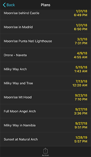 Plans list showing entries like Moonrise behind Castle, Milky Way Arch, Milky Way and Tree, Full Moon Angel Arch, and Milky Way in Namibia