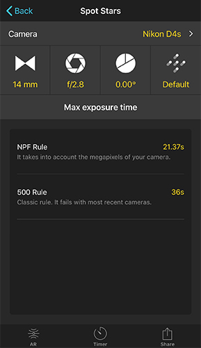 Spot Stars calculator showing max exposure time of 21.37 seconds via the NPF Rule and 36 seconds via the 500 Rule