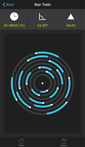 Star Trails calculator showing a simulated circular star trail pattern for a 2h49min exposure in the Northern Hemisphere
