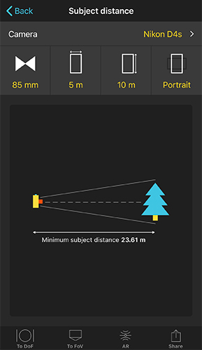Subject distance calculator showing an illustration of a camera and a tree, with a minimum subject distance of 23.61 meters to fit the tree in frame