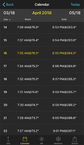 Sun pill Calendar screen showing a table of daily sunrise and sunset times and azimuths for a month