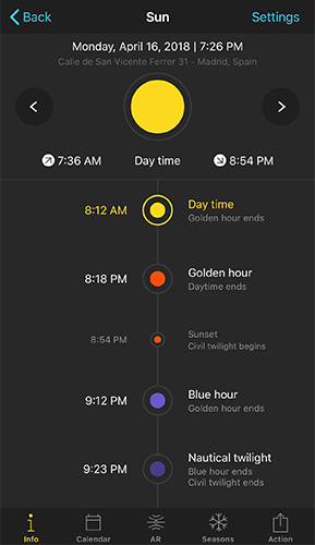 Sun pill Info screen showing a timeline of day time, golden hour, sunset, blue hour, and nautical twilight