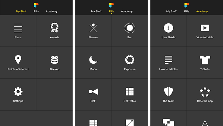 The three PhotoPills menus: My Stuff, Pills, and Academy