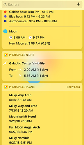 PhotoPills widget showing Galactic Center visibility and upcoming saved plans
