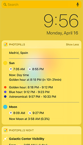PhotoPills widget showing sunrise/sunset, golden hour, blue hour, and moon info